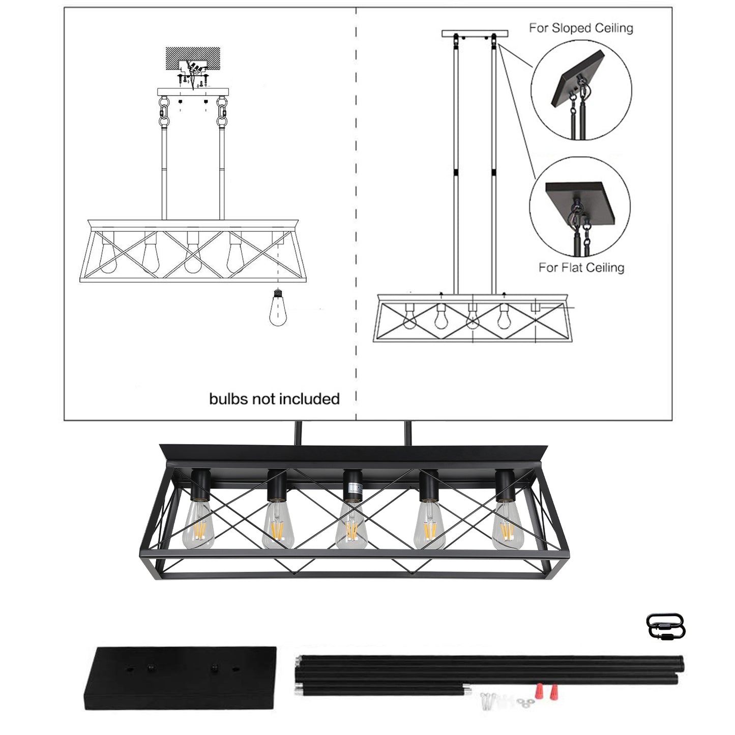 (Same as W1340111200/L1006) 5-Light Farmhouse Chandeliers for Dining Room, Metal Rustic Pendant Island Light Fixture, Modern Rectangular Island Lights for Kitchen, Living Room Pure black(No Bulbs)