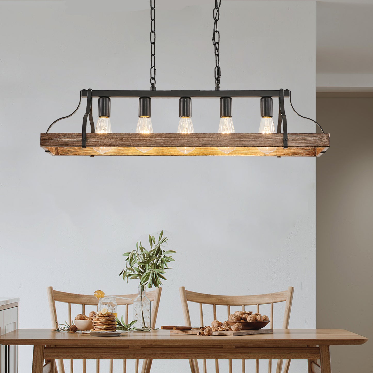 33.7-Inch Black and Faux Wood Grain Pendant Light, 5 E26 Bulb Sockets, Adjustable Chain Height – Modern Farmhouse Chandelier for Dining Room, Kitchen, or Living Room (Bulb Not Included)
