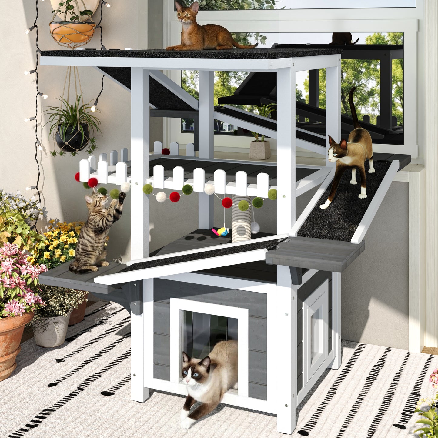 4 Tiers Outdoor Cat House Weatherproof Cat Tree Tower with Waterproof Roof and 2 Doors , Feral Cat Shelter Outside Enclo