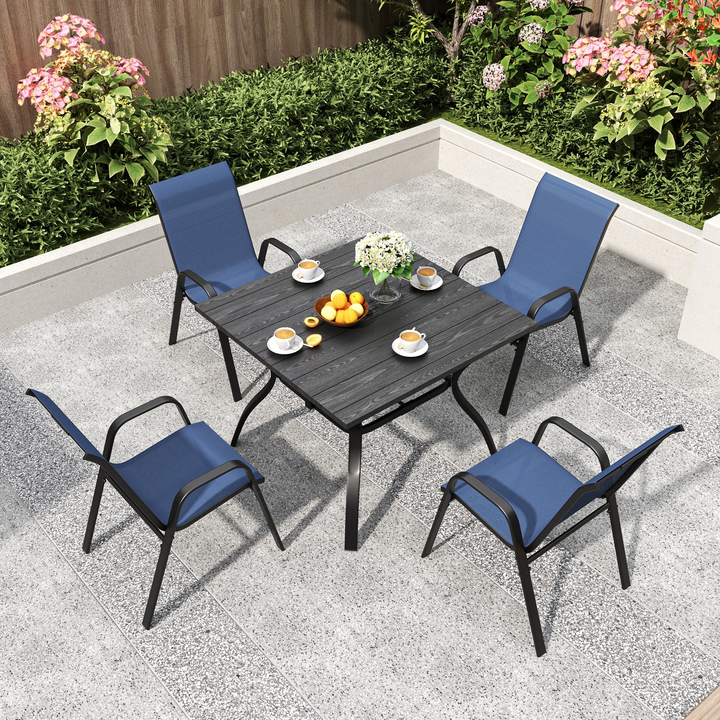 5-Piece Outdoor Patio Dining Set, Vintage Wood Grain Table with Umbrella Hole + 4 Ergonomic
