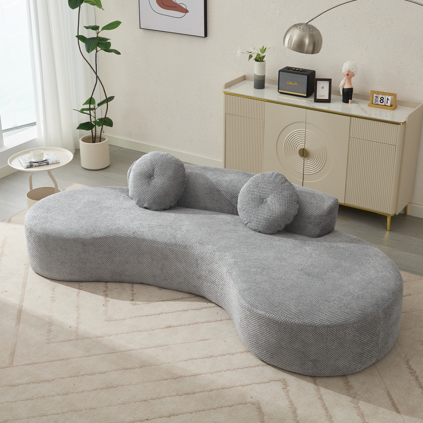 105.5''Curved Sofa, Modern Minimalist Sofa, Cloud Couch Sofa 3-4 Seater Couch with 2 Pillows,Bedroom,  No Assembly Required, Point-shaped corduroy,(Anti-Wrinkle) , Gray