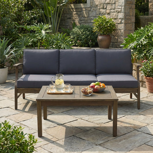 Perla 4-Piece Acacia Wood Outdoor Sofa and Coffee Table Set with Water-Resistant Cushions – 3-Seater Patio Conversation Set