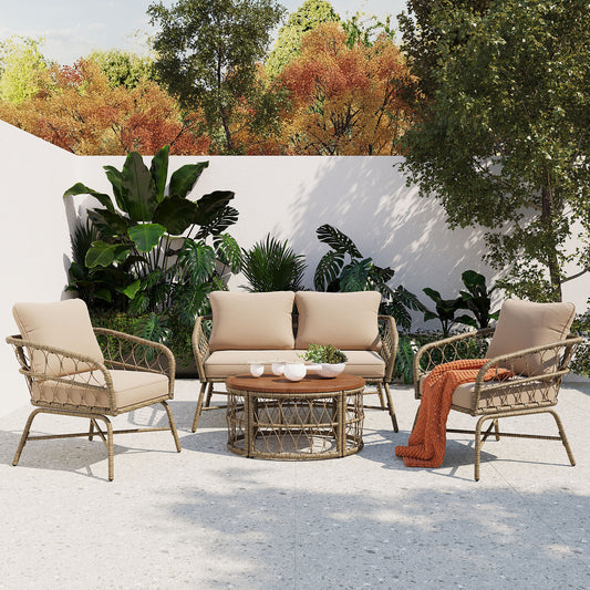 4-Person Boho Outdoor Wicker Conversation Set with Acacia Wood Tabletop and Removable Cushions