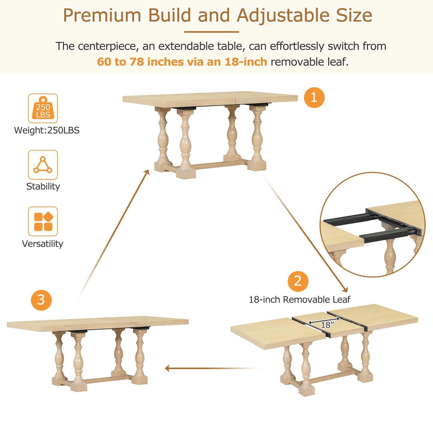 Traditional 6-Piece 78inch Trestle Extendable Dining Table Set with One 18inch Removable Leaf, Padded Dining Chairs and Bench,Natural