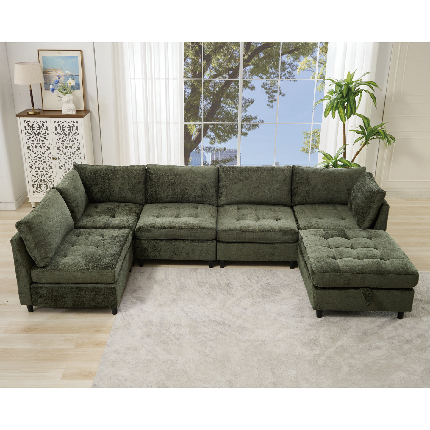 Modular Sectional Couch with Storage Ottoman, U Shaped Sofa, Storage Ottoman,Minimalist ,Convertible Modular Sofa,Chenille ,Upholstered,6 Seat,Living Room,   Green