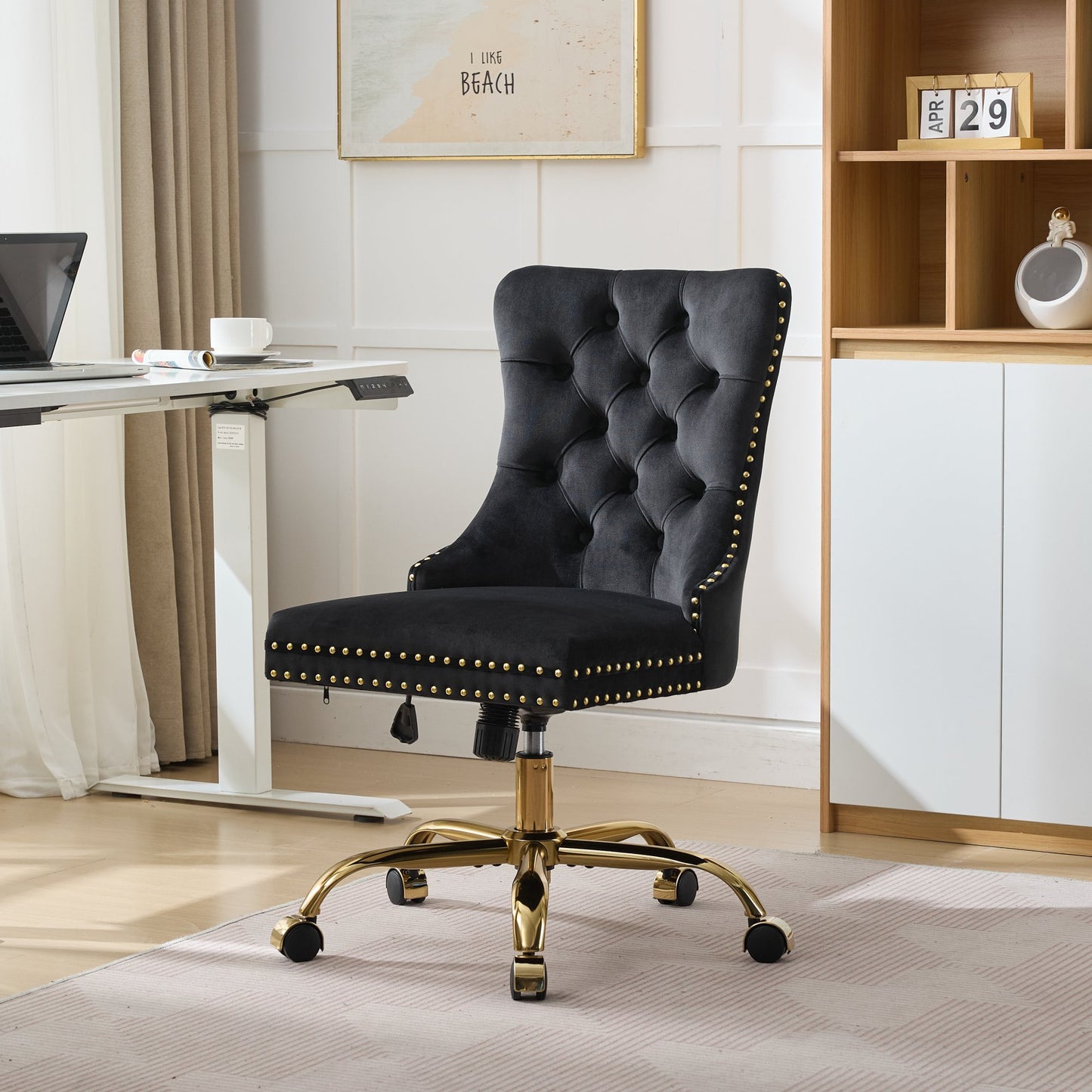 Modern Velvet Upholstered Tufted Button Home Office Chair with Golden Metal Base, Adjustable Sw