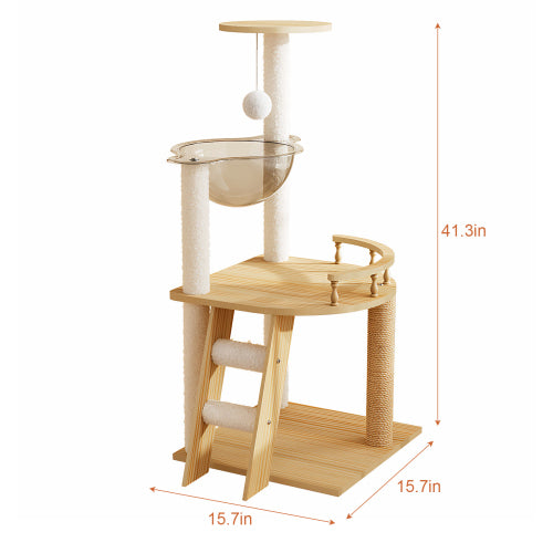 41.3" Modern Wood Cat Tree Tower – Multi-Level Cat Condo with Sisal Scratching Posts, Acrylic Hammock & Top Perch for Small and Large Indoor Cats
