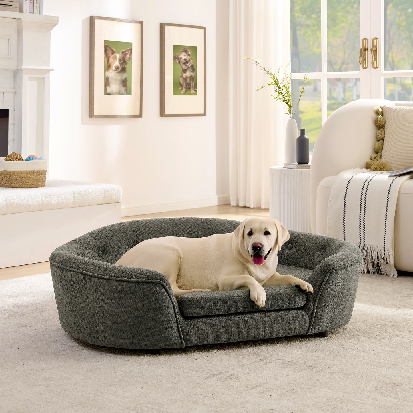 Oval Semi-Enclosed Dog Sofa - Durable Linen Material, Button-Tufted Backrest,High-center low sides support