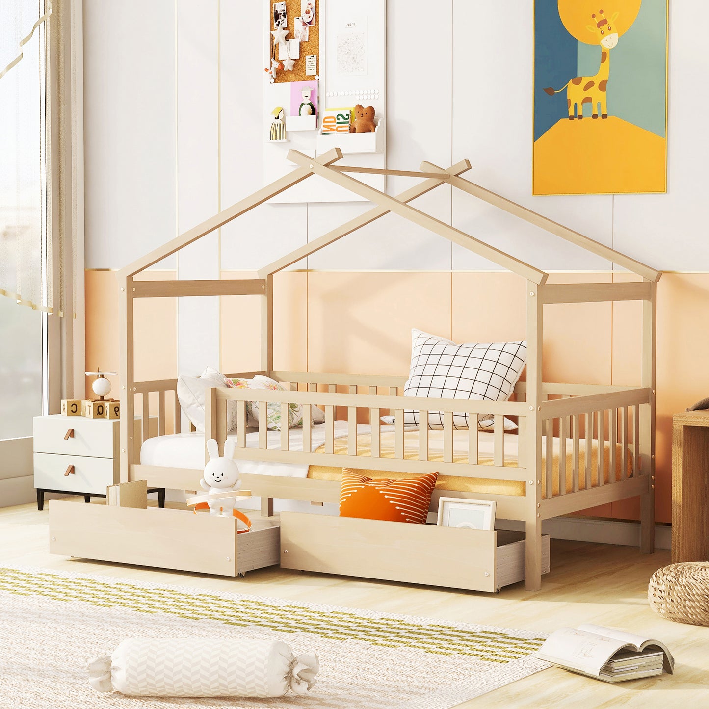 Twin Size Wooden House Bed with Two Drawers