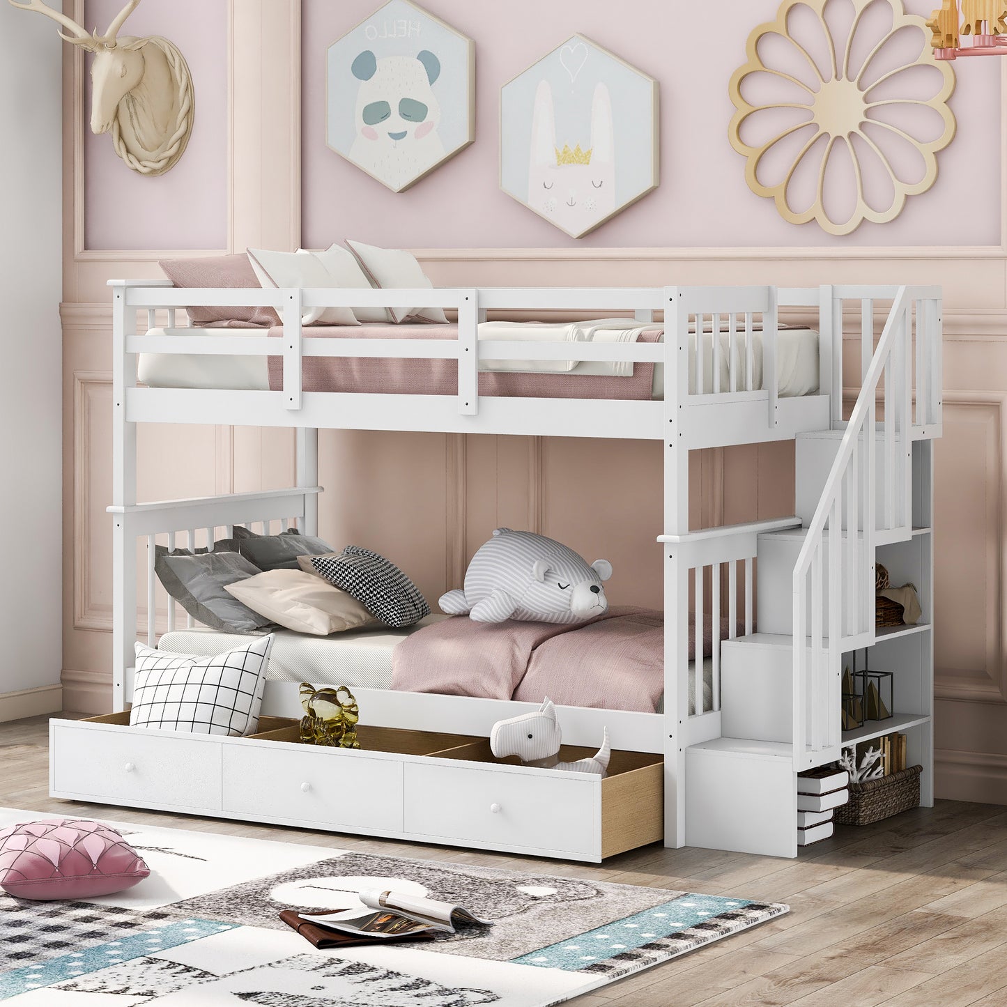 Stairway Twin-Over-Twin Bunk Bed with Three Drawers for Bedroom, Dorm