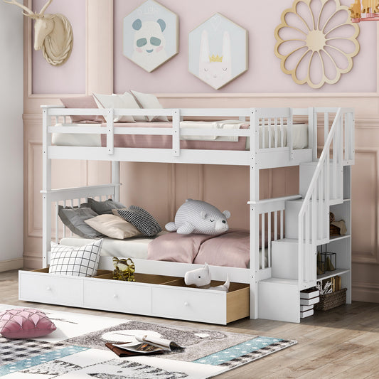 Bunk Bed, Twin Over Twin, Solid Wood with Three Drawers and Storage Stairs for Shared Bedroom or Guest Room
