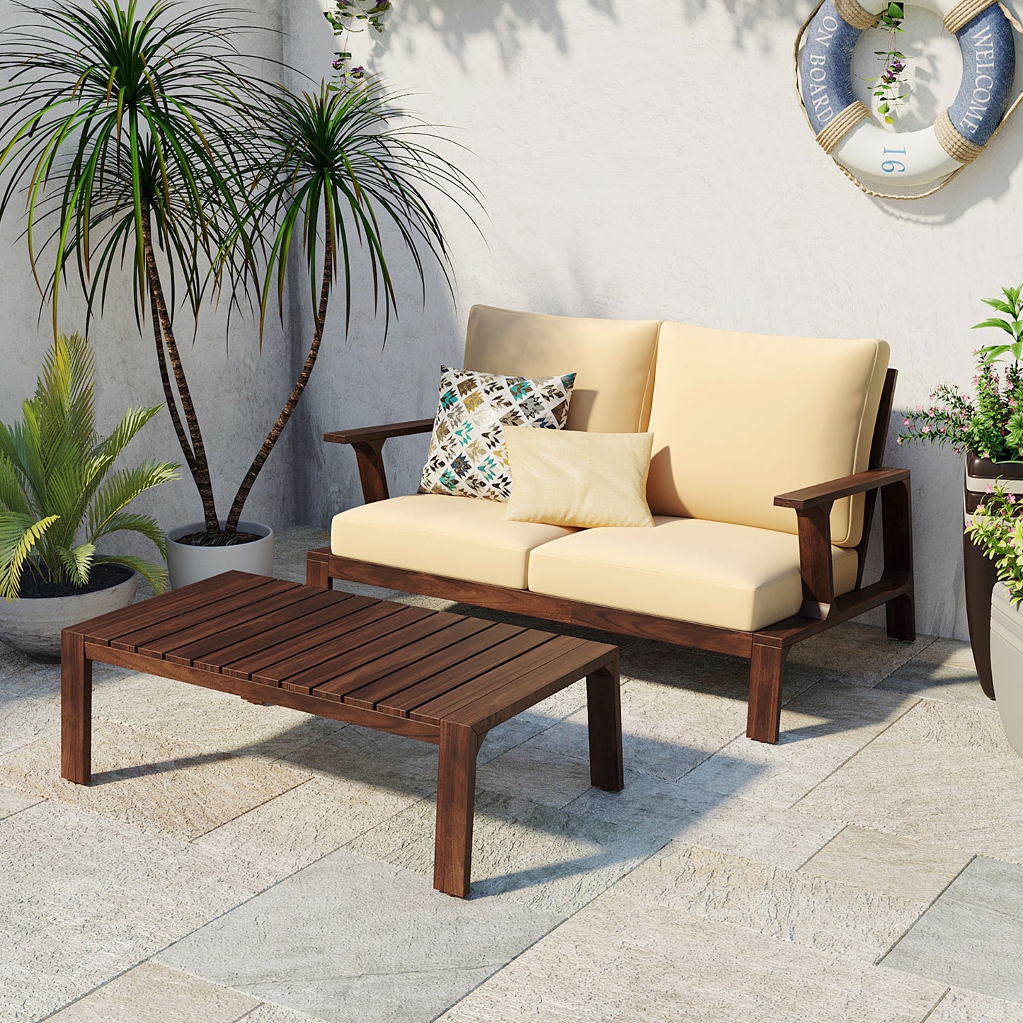 2 Pieces Outdoor Sofa Set 2-person Patio Seating Group Outdoor Conversation Set with Cushions and