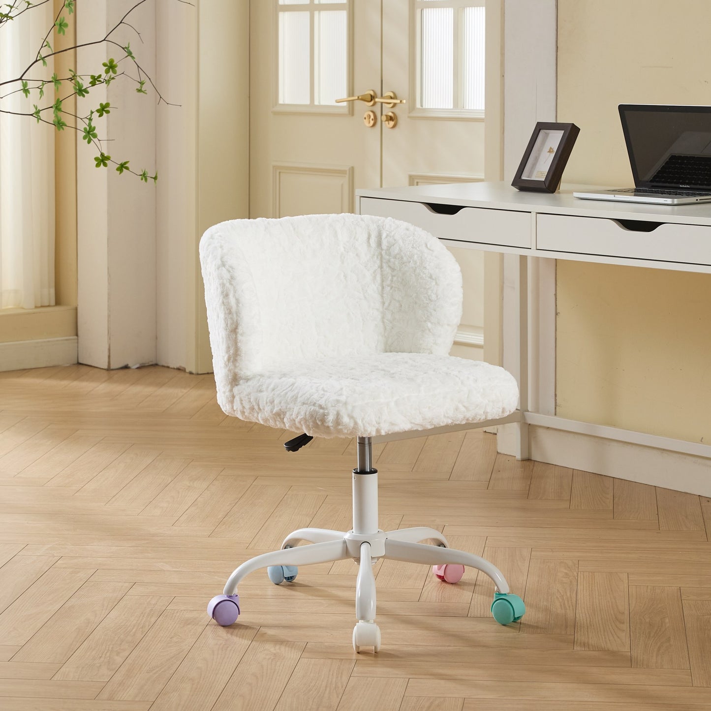 Artificial Rabbit Hair Home Office Swivel Vanity Chair with Metal Base