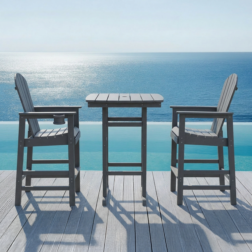 3-Piece HDPE Bar-Height Patio Set, 42.1' Square High Top Pub Table + 2 Bar Chairs, All-Weather Outdoor Bistro Dining Set