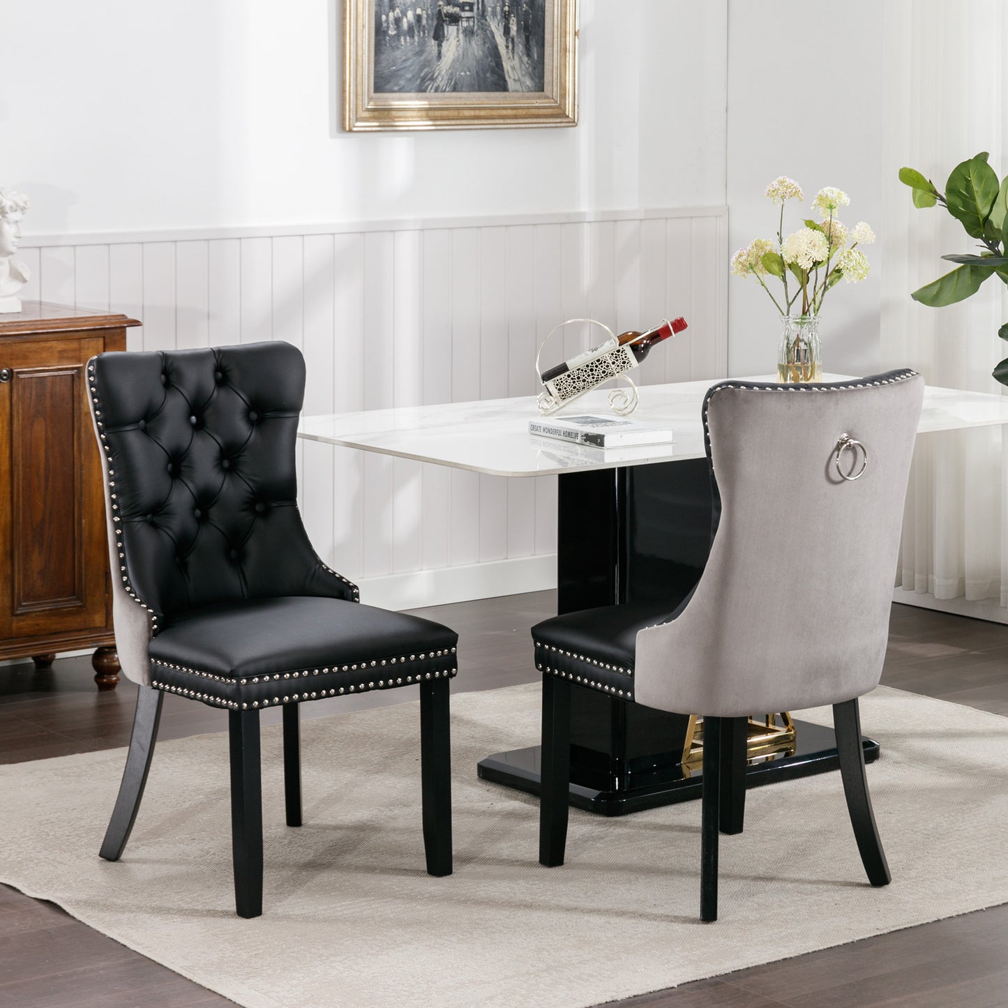 Nikki Collection Modern Tufted Solid Wood PU and Velvet Dining Chair with Nailhead Trim