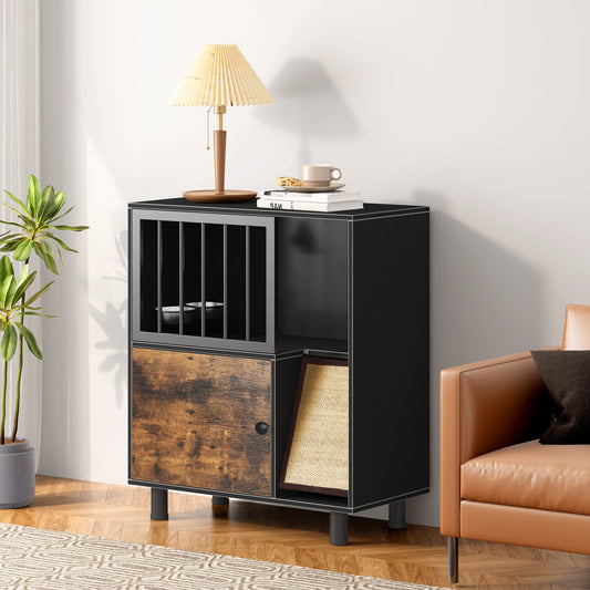 Cat Feeding Station Black+Vintage Particle Board with Storage and Feeding Bowl Area for Pet-Friendly Home Organization