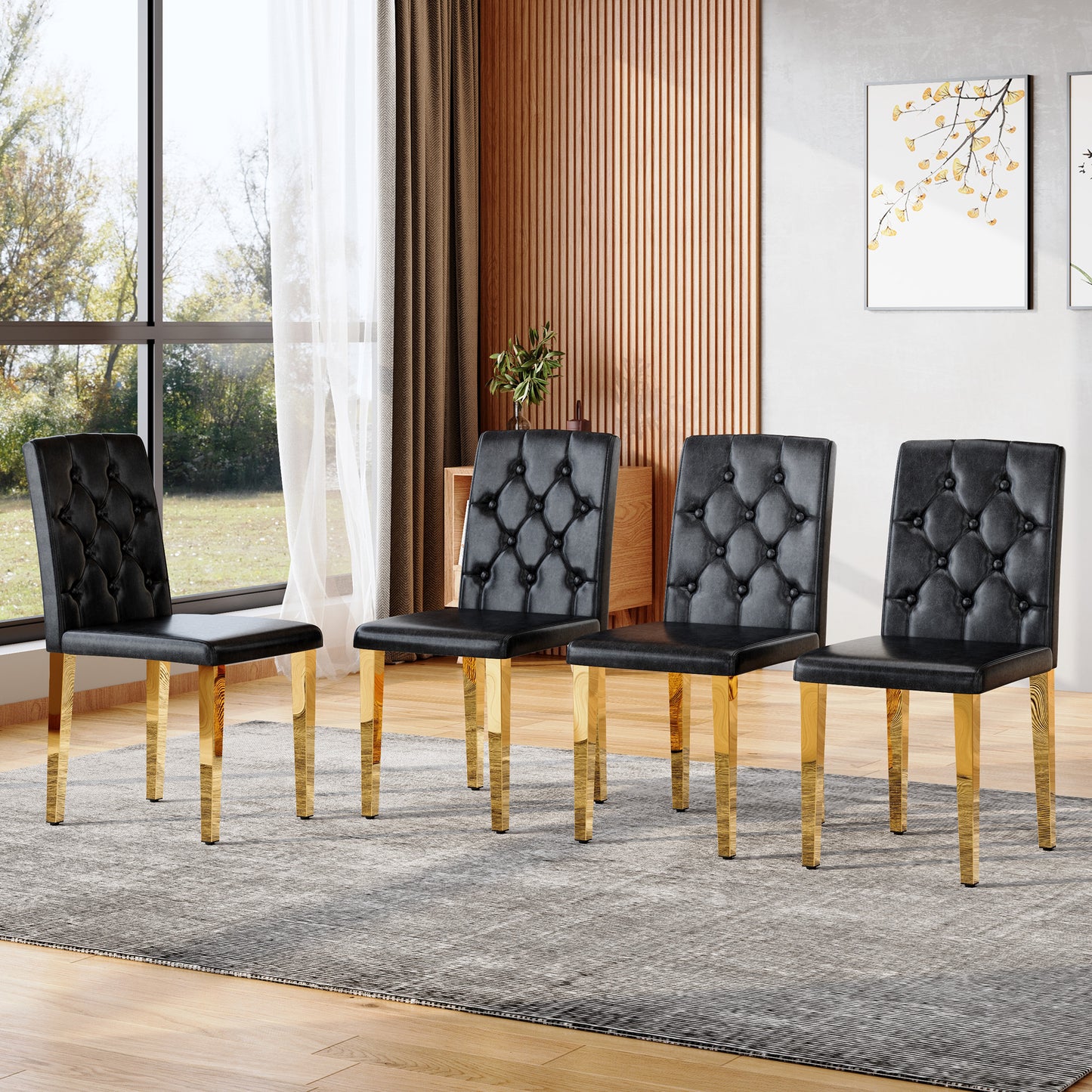 PU Leather Dining Chair – Ergonomic Buckle Backrest Chair with Metal Legs, 35" Upholstered Dining Seating