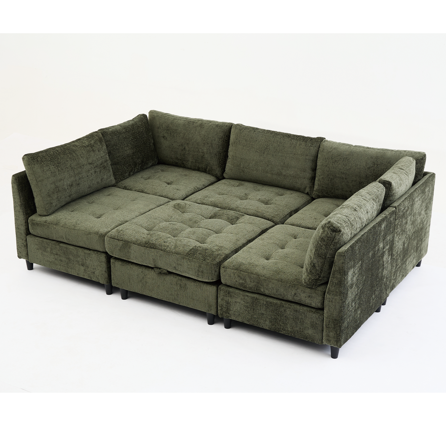 Modular Sectional Couch with Storage Ottoman, U Shaped Sofa, Storage Ottoman,Minimalist ,Convertible Modular Sofa,Chenille ,Upholstered,6 Seat,Living Room,   Green