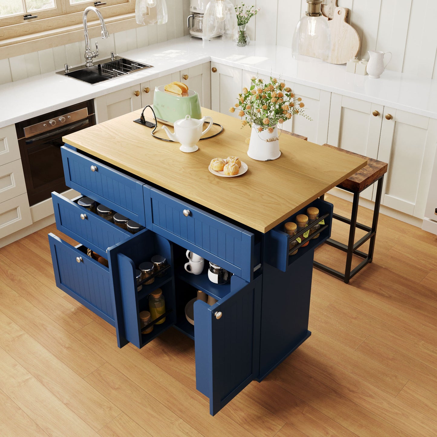Farmhouse Kitchen Island with Drop Leaf and 2 Seatings, Kitchen Table Set with Storage