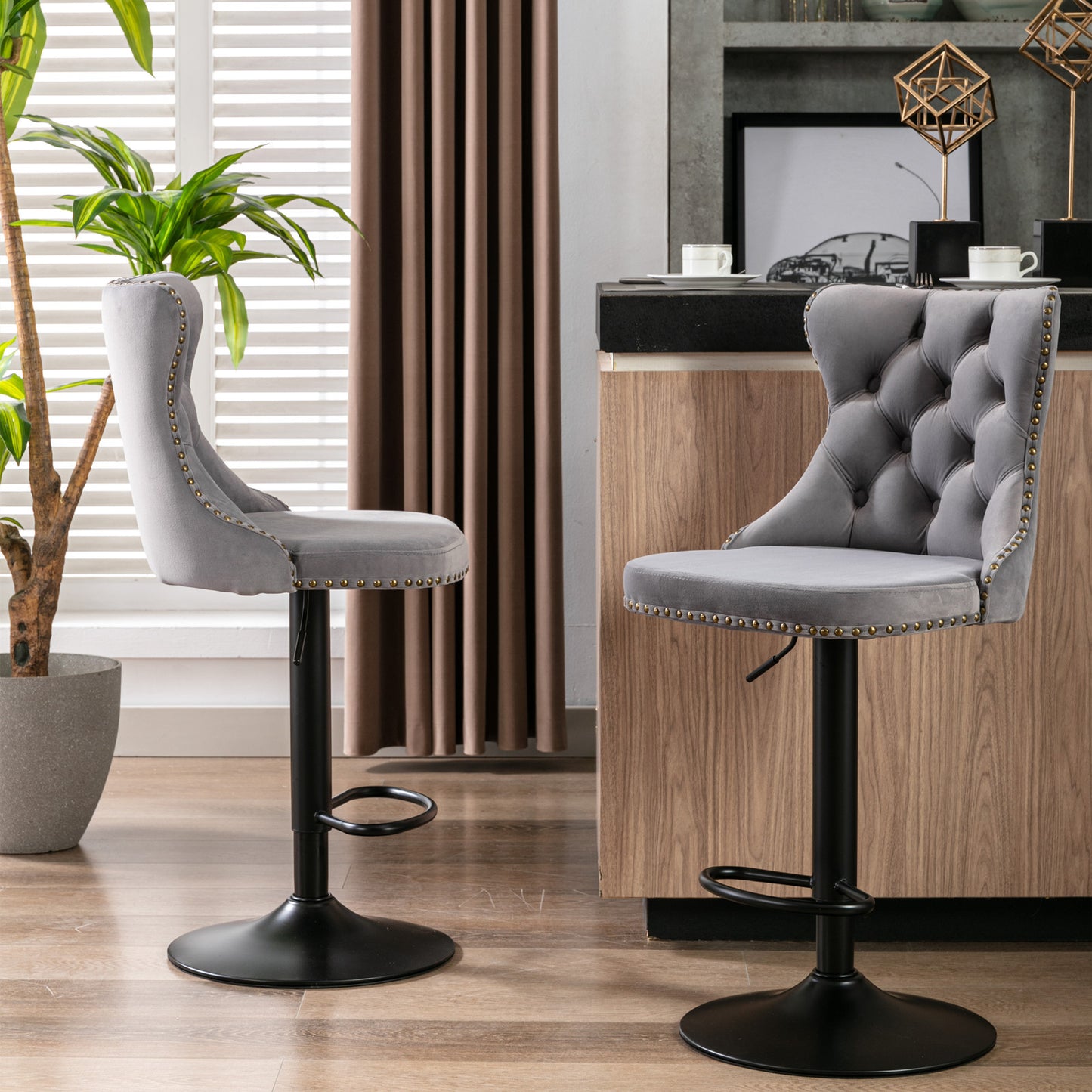 Swivel Velvet Barstools Adjusatble Seat Height from 25-33 Inch,17.7 inch base, Modern Upholstered Bar Stools with Backs