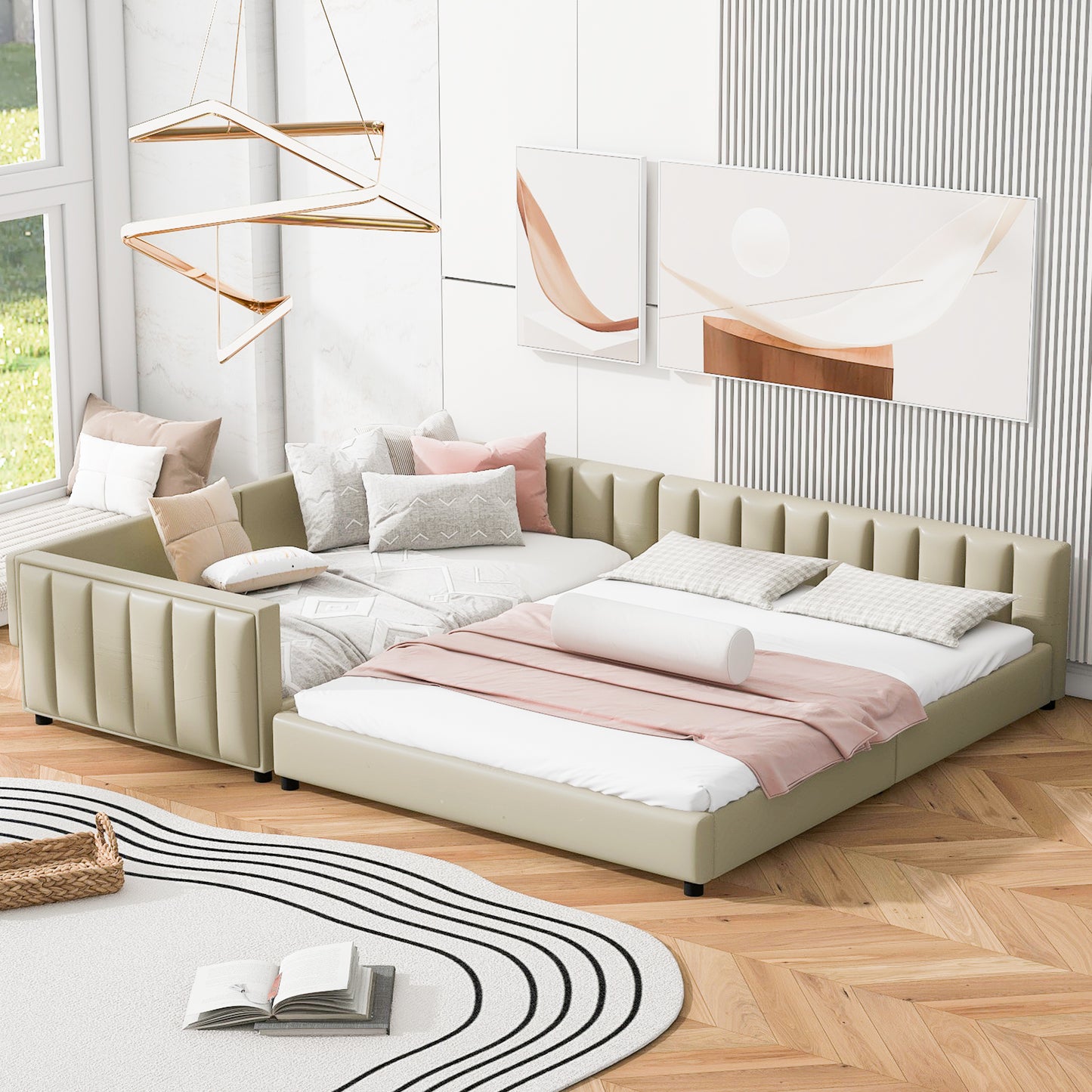 Queen Size & Twin XL Size Upholstered Platform Bed, Mother & Child Bed, PU
