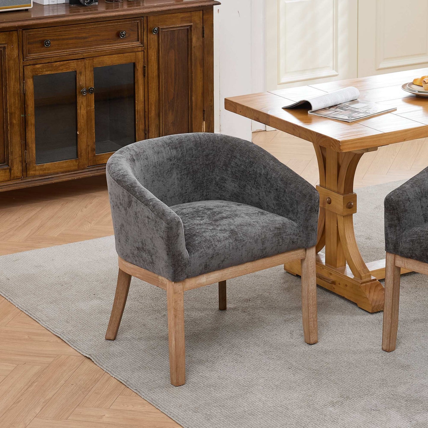 Mid Century Modern Upholstered Barrel Dining Chairs with Arms, Farmhouse Chenille Kitchen & Dining