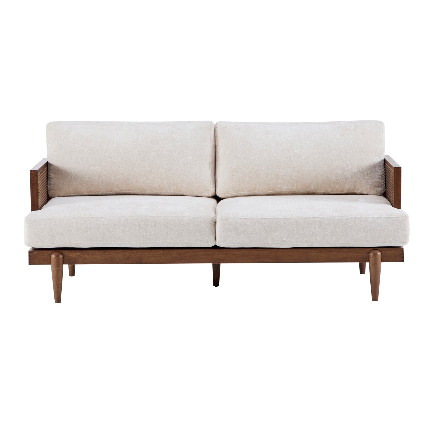 72" Boucle Sofa with Cane Rattan Arms and Solid Wood Frame – 3-Seater Upholstered Couch for Living Room, Bedroom & Office