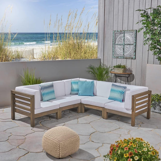 5-Piece Outdoor Sectional Sofa Set – Modular Acacia Wood Patio Conversation Set with Water-Resistant Cushions, V-Shaped Seating for Garden & Backyard