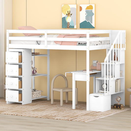Loft Bed, Twin Size, Solid Wood with Drawers, Shelves, and Built-In Desk for Bedroom or Study Space