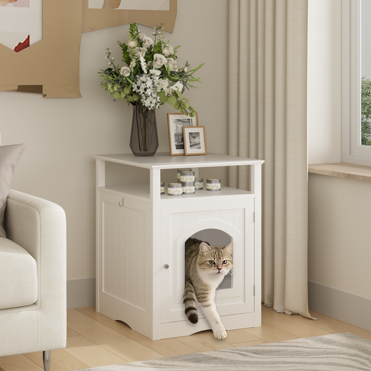 Modern Cat Litter Box Enclosure Furniture – White Wooden Hidden Cat House Cabinet with Storage Shelf & Side Hook, Indoor Cat Condo Side Table