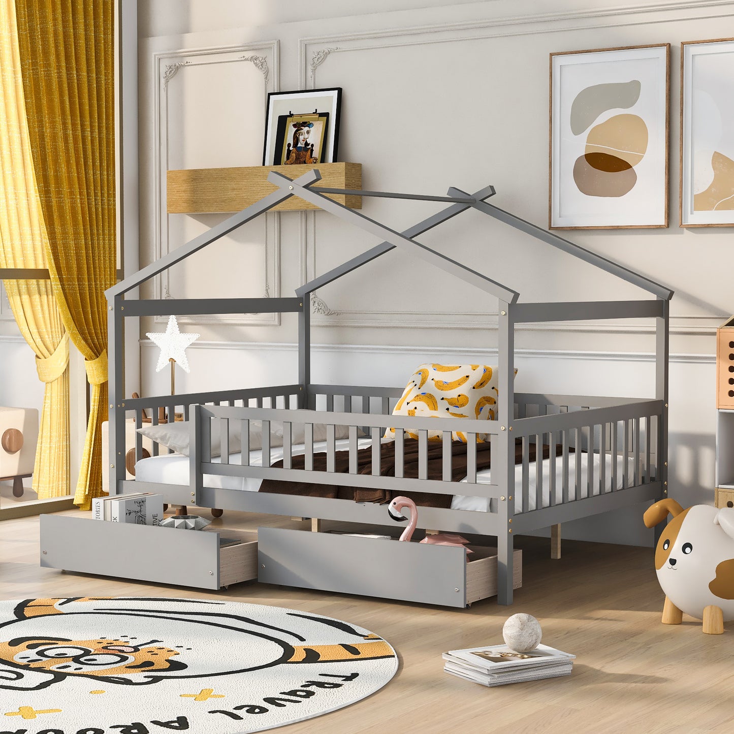 Full Size Wooden House Bed with Two Drawers