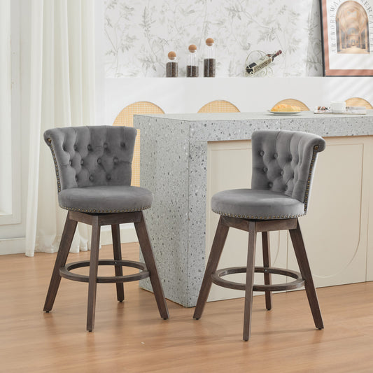 Bar Stools Set of 2 Multiple Color Options Velvet Tufted with Swivel Function and Tufted Detail for Dining Room or Kitchen Seating
