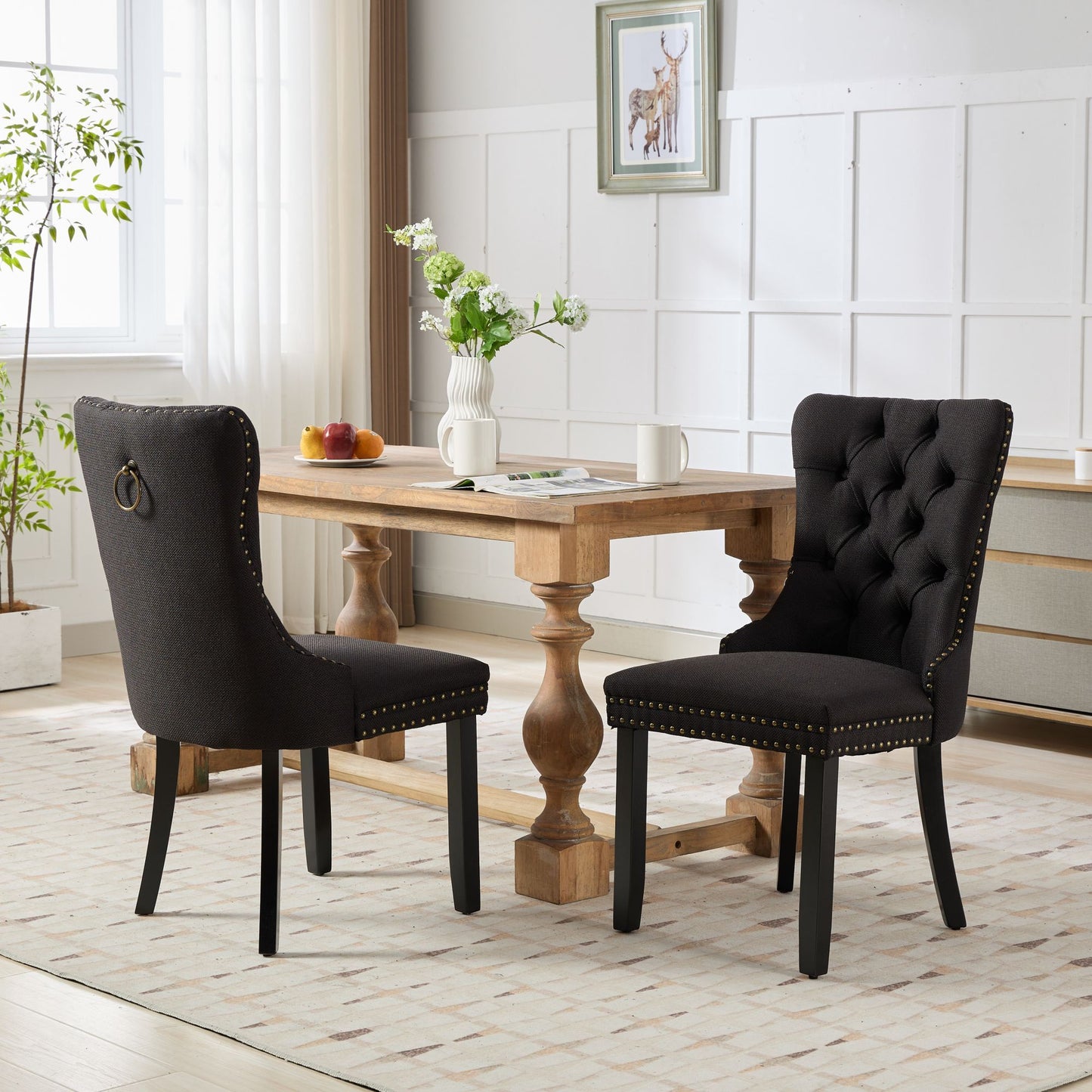 Nikki Collection Modern Tufted Solid Wood Upholstered Linen Dining Chair with Wood Legs