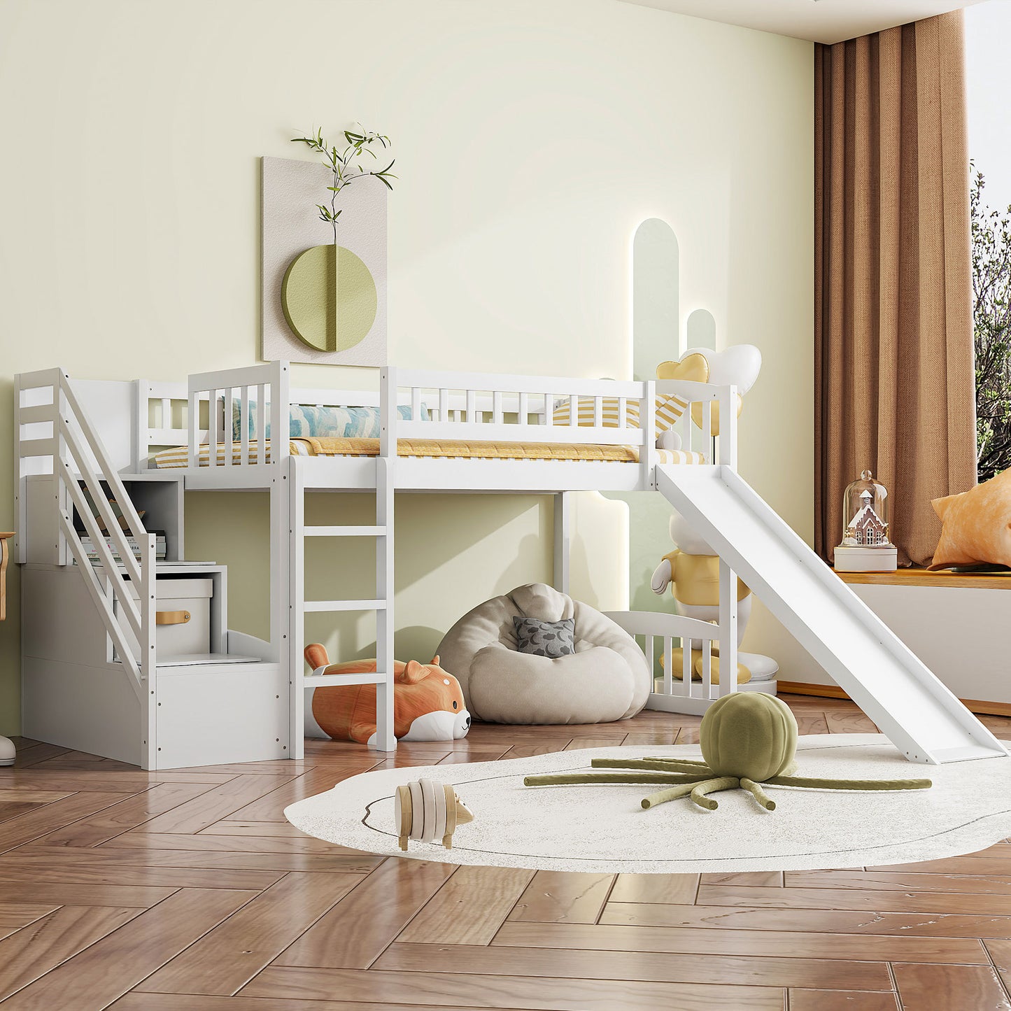 Stairway Twin Size Loft Bed with Two Drawers and Slide