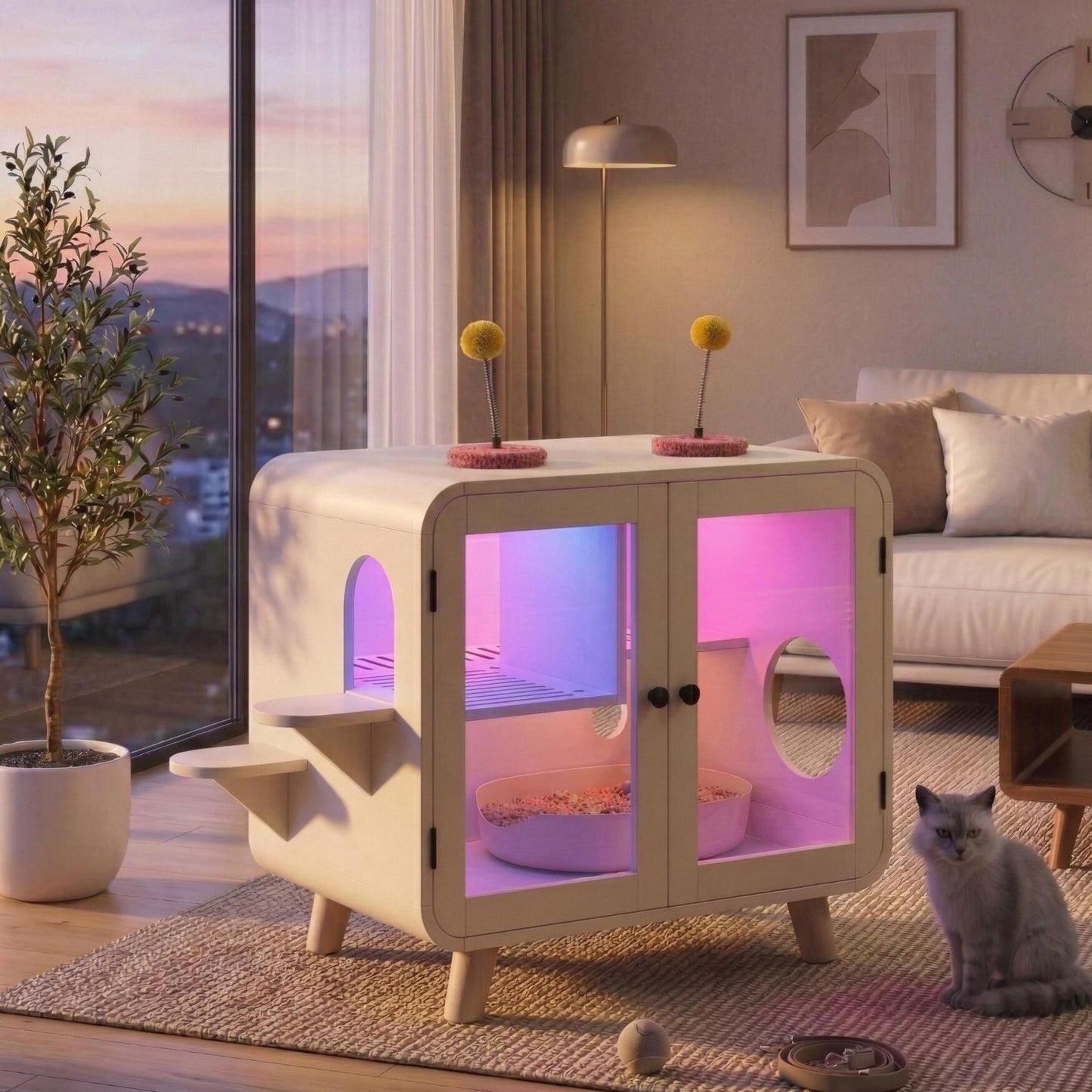 Cat Hidden Litter Box Enclosure with RGB LED Light, Cat House with Stairs and Cat Pom-pom Toys for Fun, Cat Washroom Cab