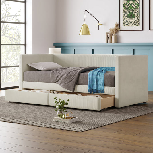Daybed Twin Corduroy Beige with Storage for Bedroom or Guest Room