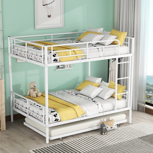Bunk Bed, Full Over Full, Iron with Trundle for Shared Bedroom or Guest Room
