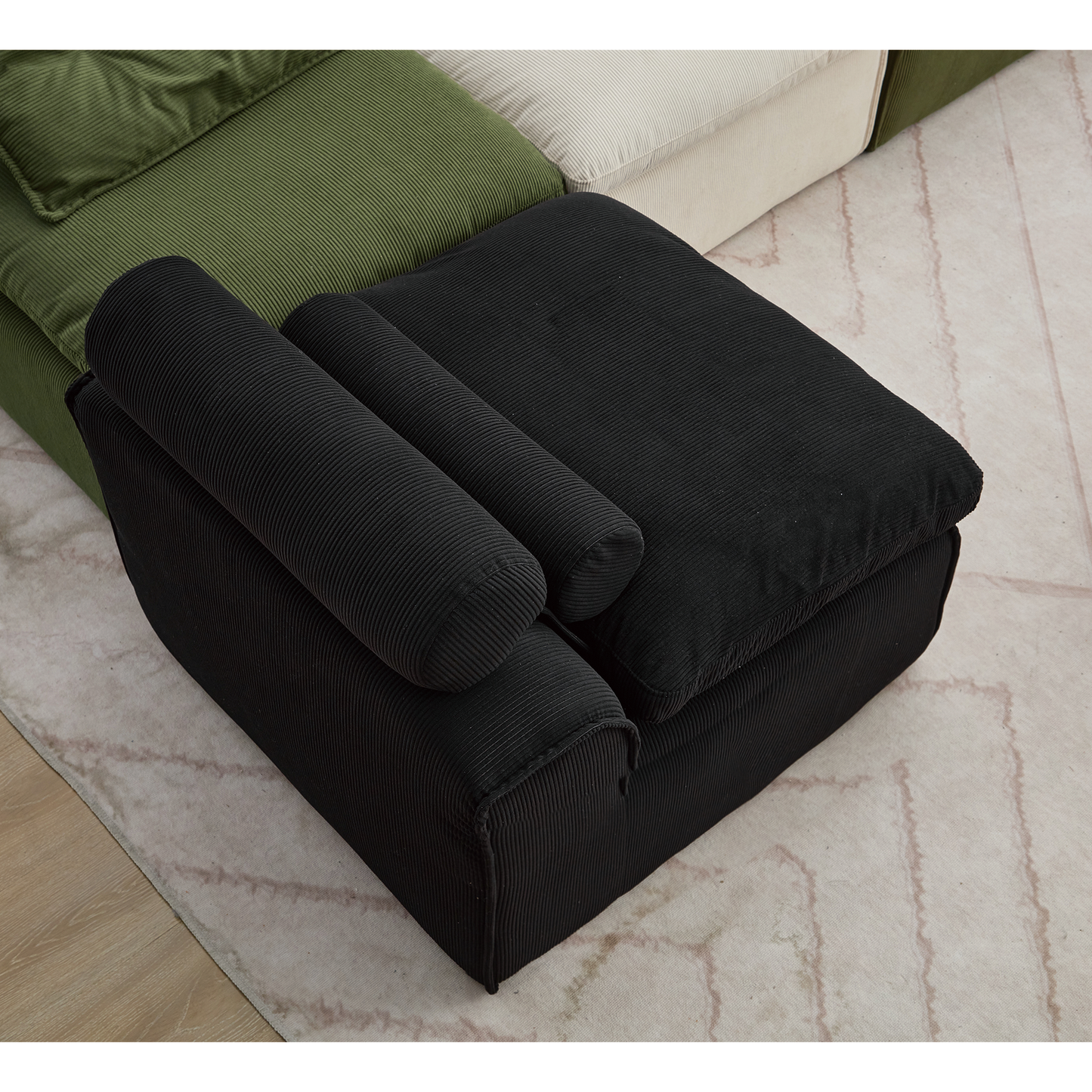 Modular Sofa,No Armrests,At will DIY,Soft Corduroy Fabric,Neck Pillow-Back Lounge Sofa Chair,Reading Nook, or Apartment Living, Lumbar Pillow,2 Seats,Upholstered,Black