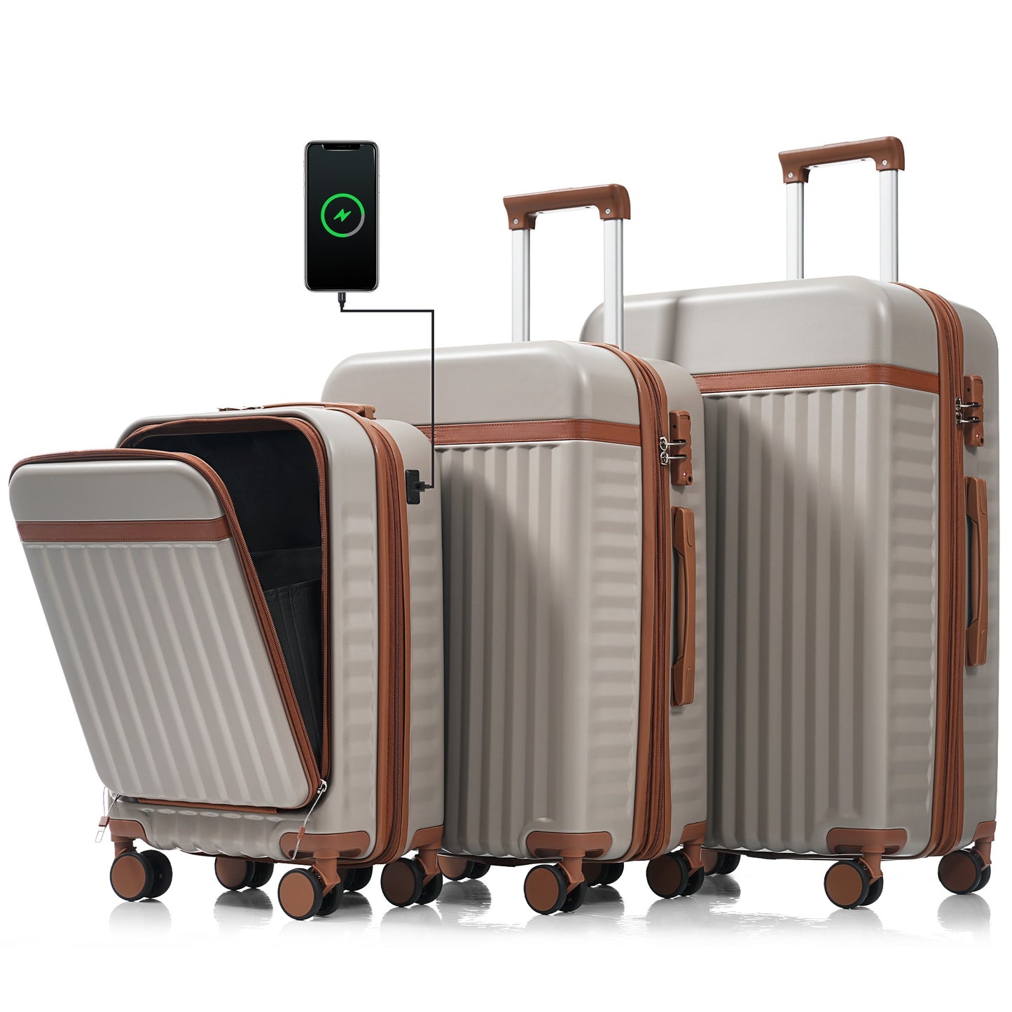 Luggage Set of 3, 20inch with USB Port, Front Opening Design Airline Certified