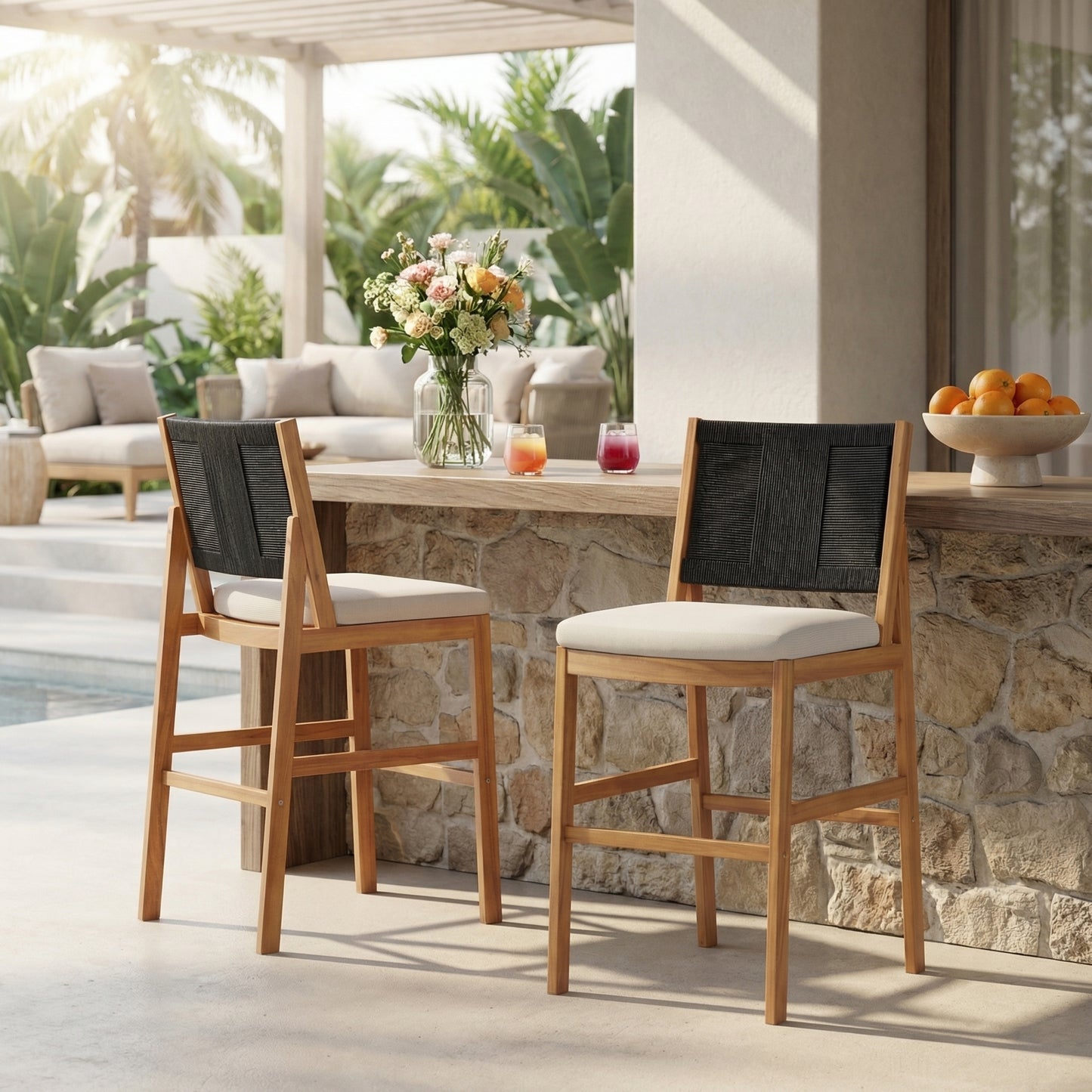 Outdoor Acacia Wood Bar Stools Set of 2 – Bar Height Chairs with Wicker Back and Water-Repellent Cushions