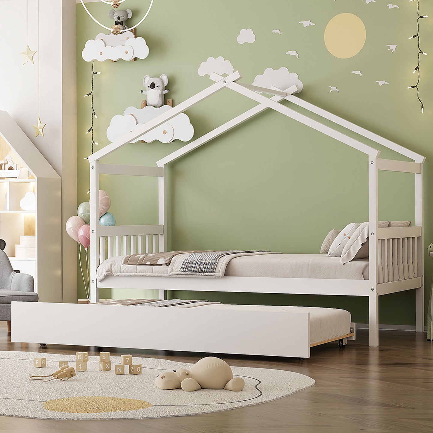 Twin Size Wooden House Bed with Twin Size Trundle