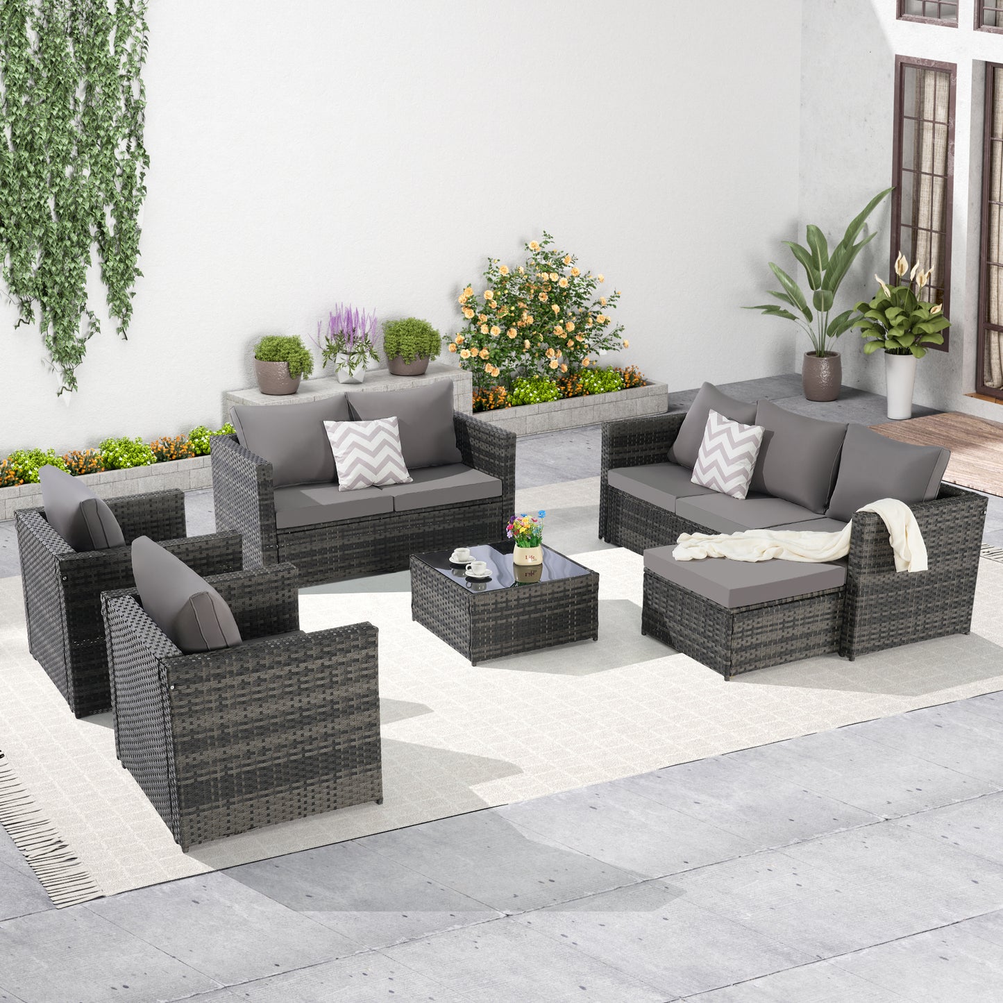 6 Piece Outdoor Patio Sectional Sofa Set – All Weather Wicker Rattan Conversation Set with Glass Table