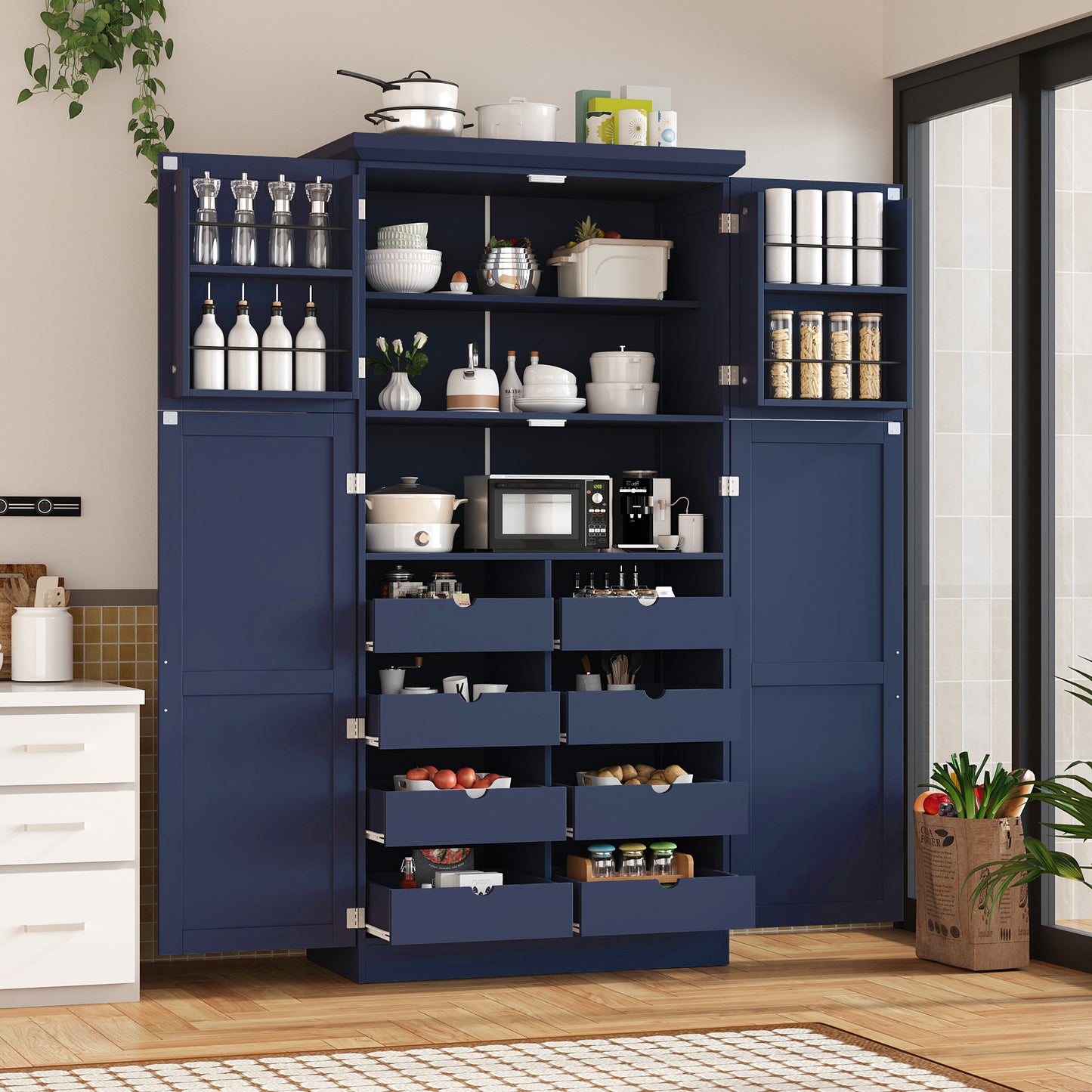 35.5x17.6x70.9inch Freestanding Kitchen Pantry Cabinet, Tall Storage Cabinet with 4 Doors, 2 Door Shelves, 8 Pull-out Tr