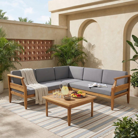4-Piece Outdoor Acacia Wood Sofa Set – Mid-Century Modern Patio Conversation Set with Water-Resistant Cushions & Coffee Table, Dark Gray