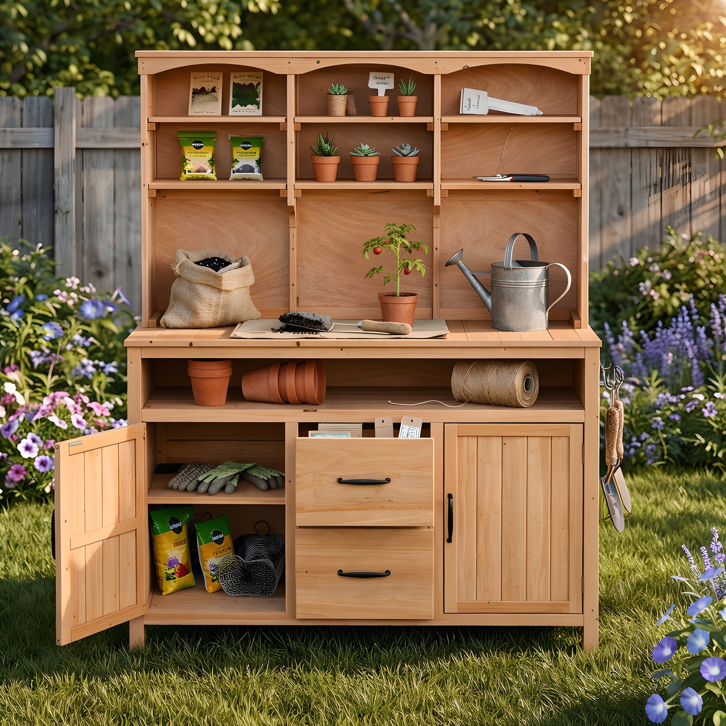 Large Fir Wood Potting Bench, 45.3''L Multi-Functional Outdoor Patio Kitchen