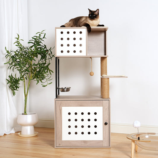 Cat Litter Box Enclosure White+gray Particle Board with Storage and Feeding Bowl Area for Pet-Friendly Home Organization