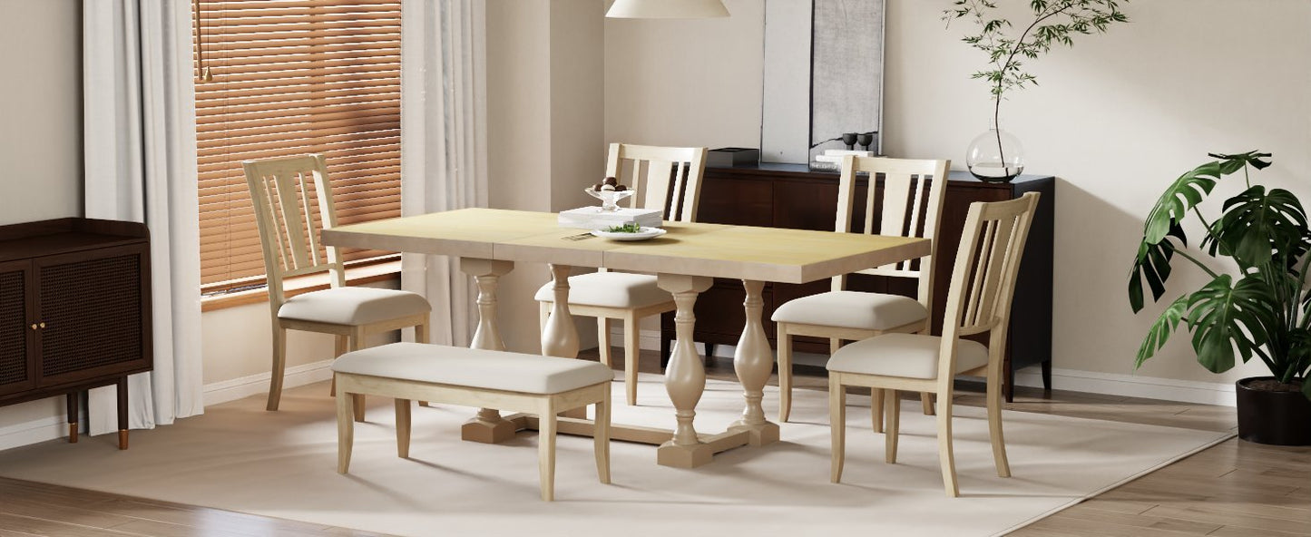 Traditional 6-Piece 78inch Trestle Extendable Dining Table Set with One 18inch Removable Leaf, Padded Dining Chairs and Bench,Natural