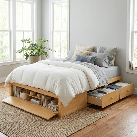 Platform Bed Frame, Solid Wood and MDF with Four Storage Drawers, Hydraulic Lift Storage, and Footboard Storage for Bedroom or Guest Room