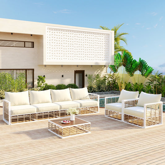 7-Piece Patio Sofa Set Metal White with Rattan Style for Patio, Garden, or Backyard