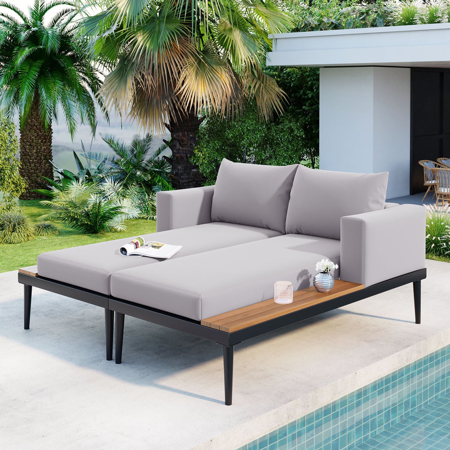 Modern Outdoor Daybed Patio Metal Daybed with Wood Topped Side Spaces for Drinks, 2 in 1 Padded Chaise Lounges for Pools